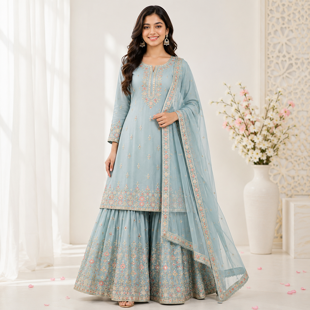 Luburd Women's Teal Embroidered Kurta Sharara Set with Dupatta Main image
