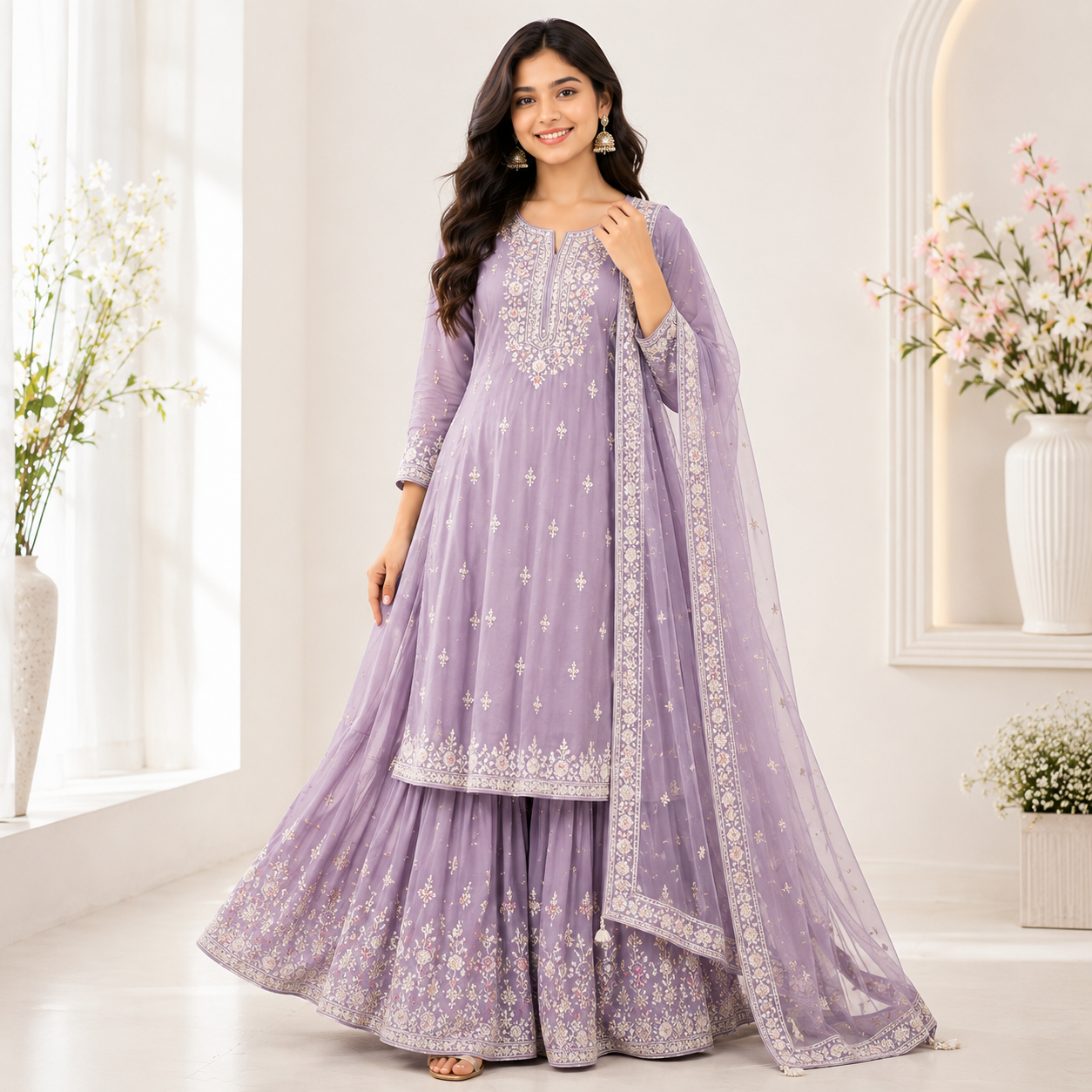Luburd Women's Lavender Embroidered Kurta Sharara Set with Dupatta Main image