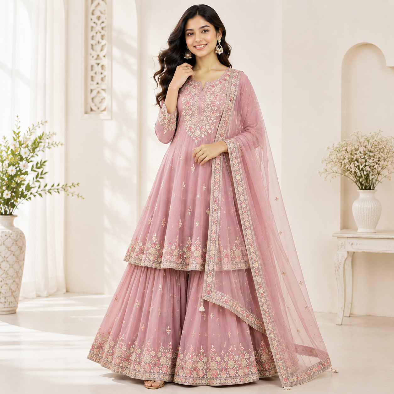 Luburd Women's Blush Pink Embroidered Kurta Sharara Set with Dupatta Main image