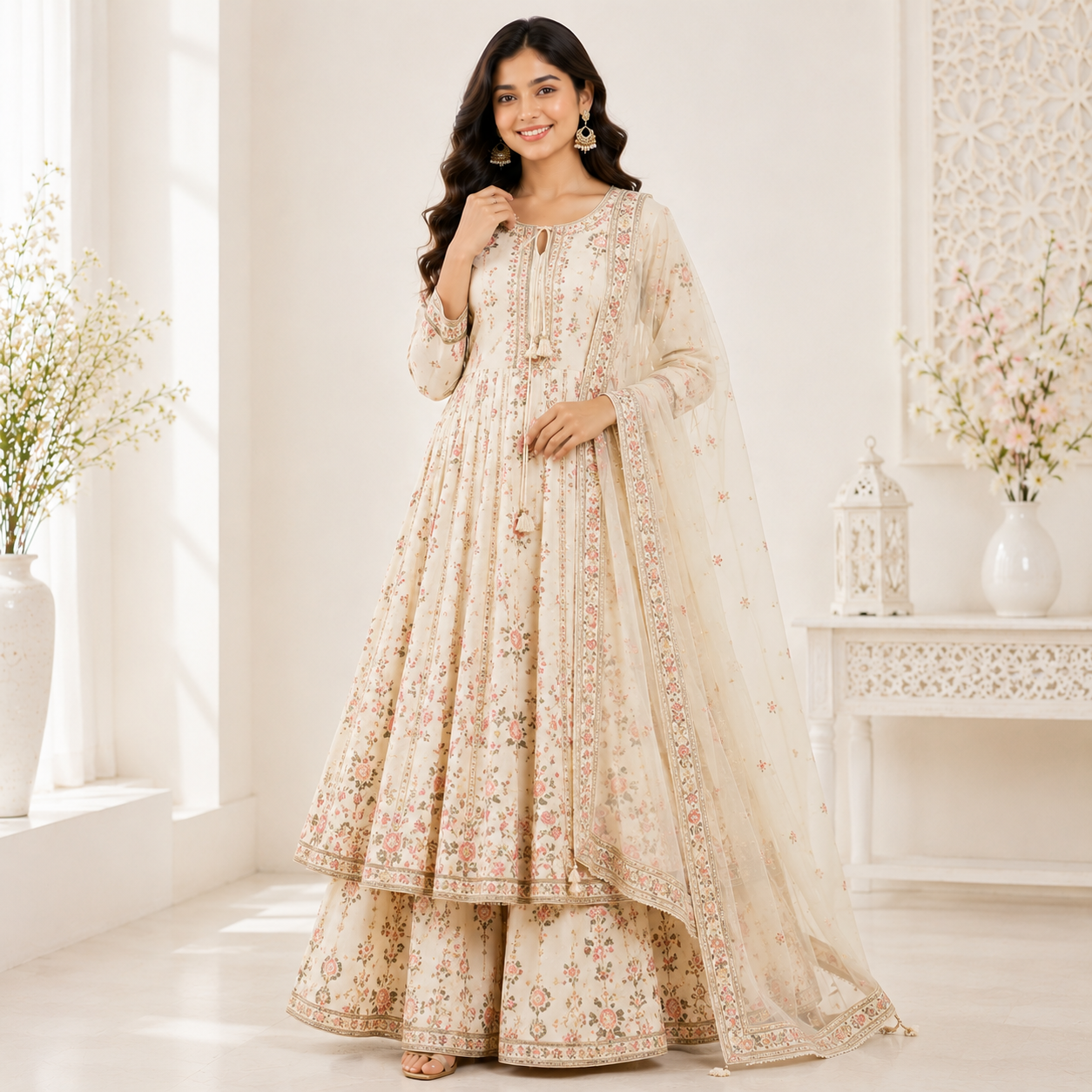 Luburd Women's Ivory Floral Printed Anarkali Kurta Sharara Set with Dupatta