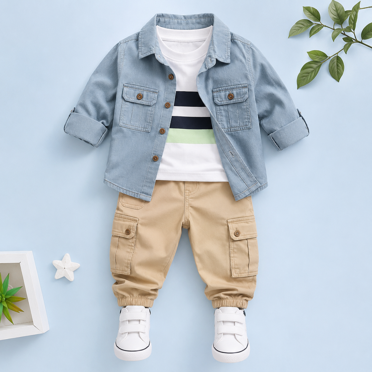 Luburd Boys 3-Piece Denim Jacket Cargo Pants Outfit Set Main image