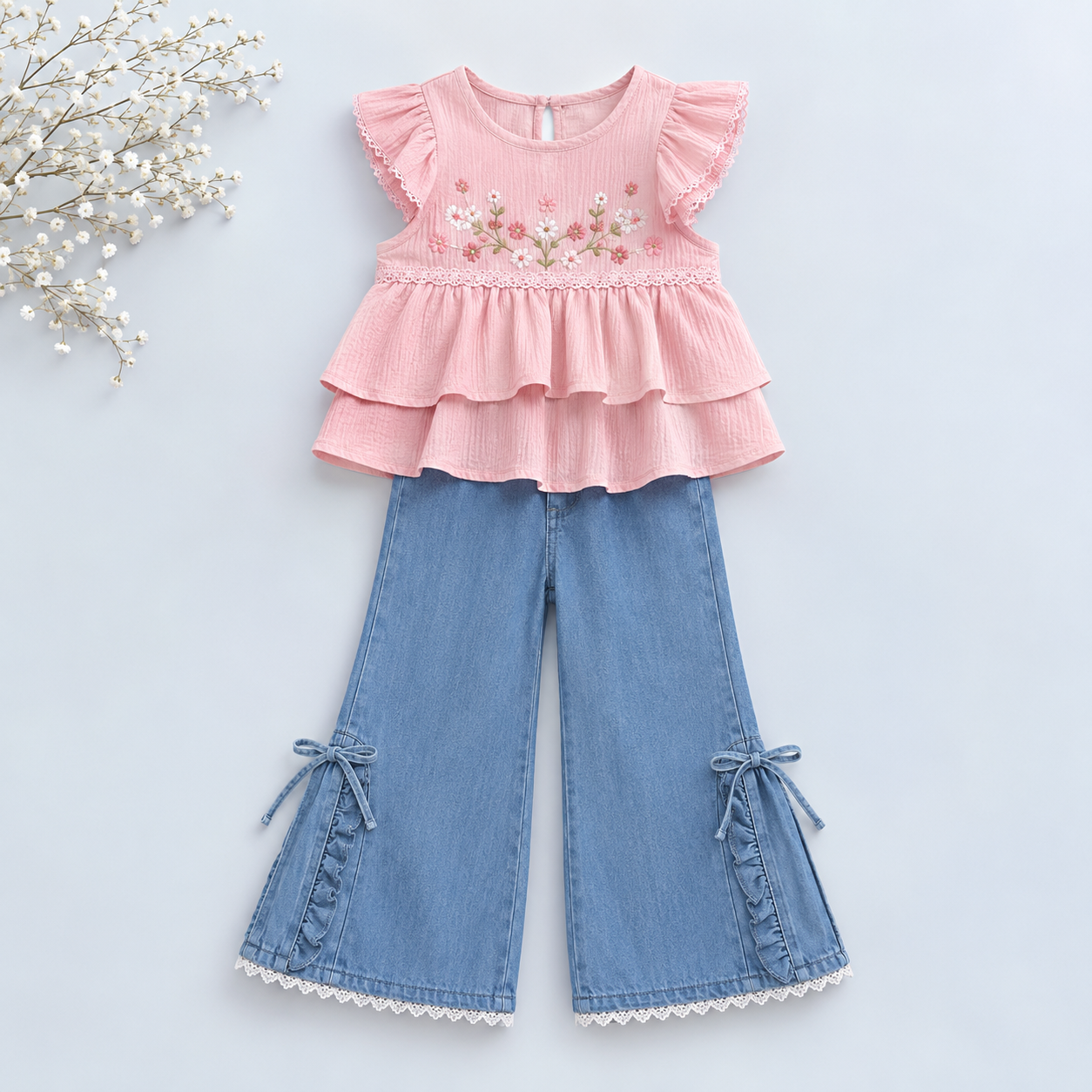 Luburd Girls 2-Piece Embroidered Top & Denim Pants Set Main image