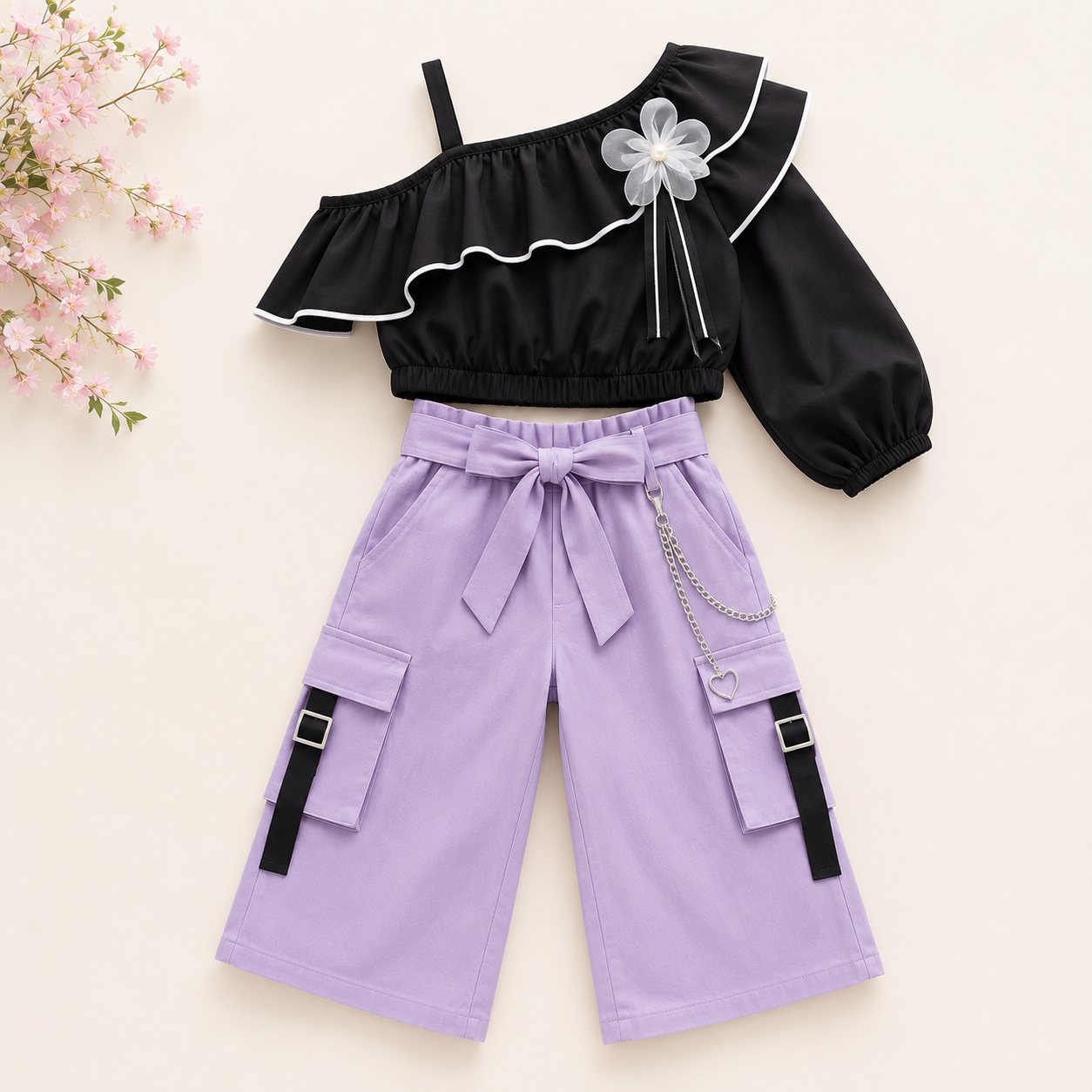 Luburd Girls 2-Piece One-Shoulder Top & Cargo Pants Set Main image