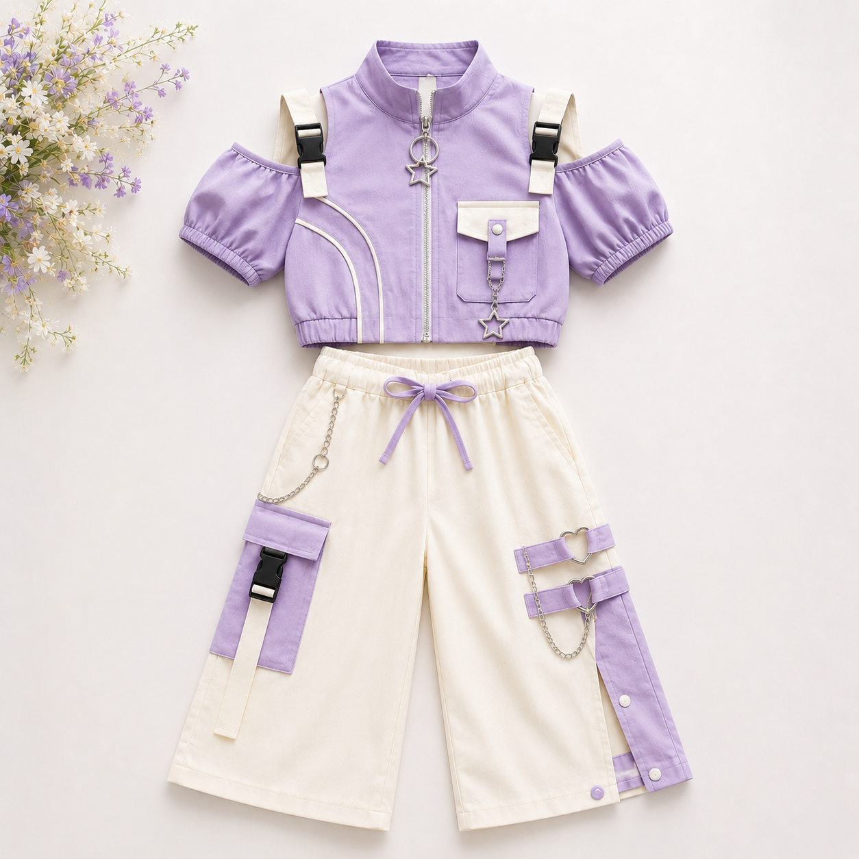 Luburd Girls 2-Piece Cold Shoulder Cargo Outfit Set Main image