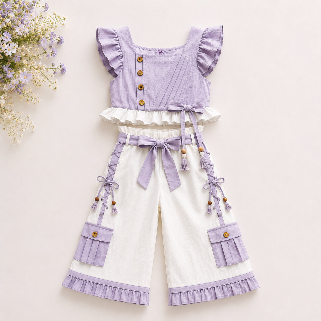 Luburd Girls 2-Piece Ruffle Top & Wide Leg Cargo Pants Set Main image
