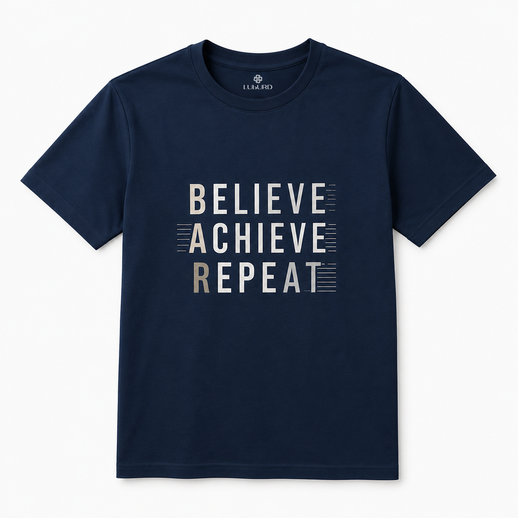 Luburd Believe Achieve Repeat Premium Graphic T-Shirt | Navy Blue