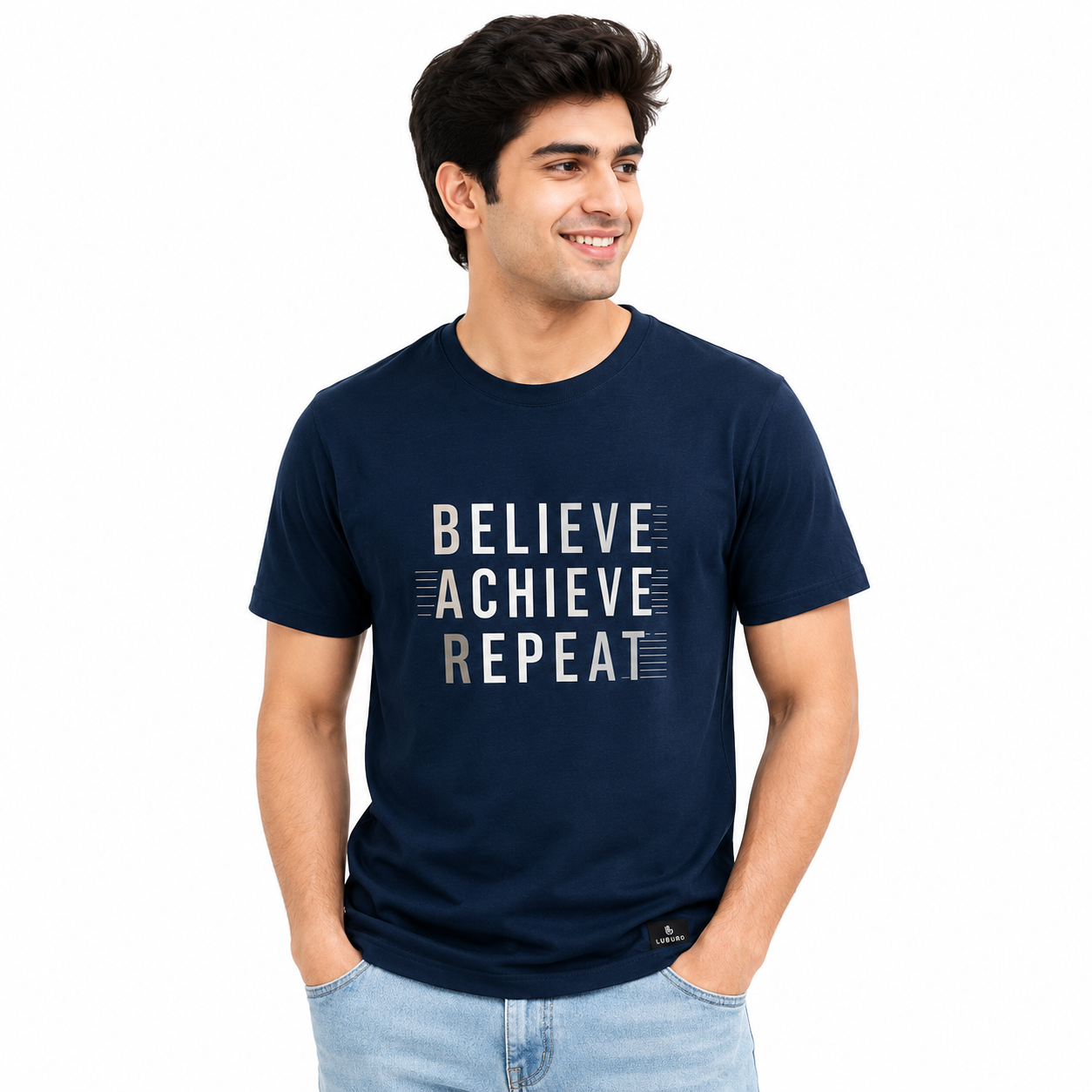 Luburd Believe Achieve Repeat Premium Graphic T-Shirt | Navy Blue