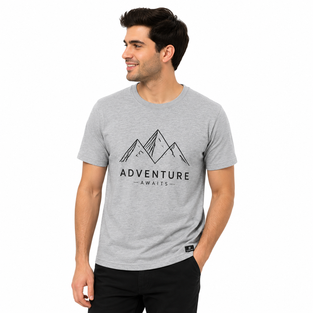 Luburd Adventure Awaits Premium Graphic T-Shirt | Melange Grey